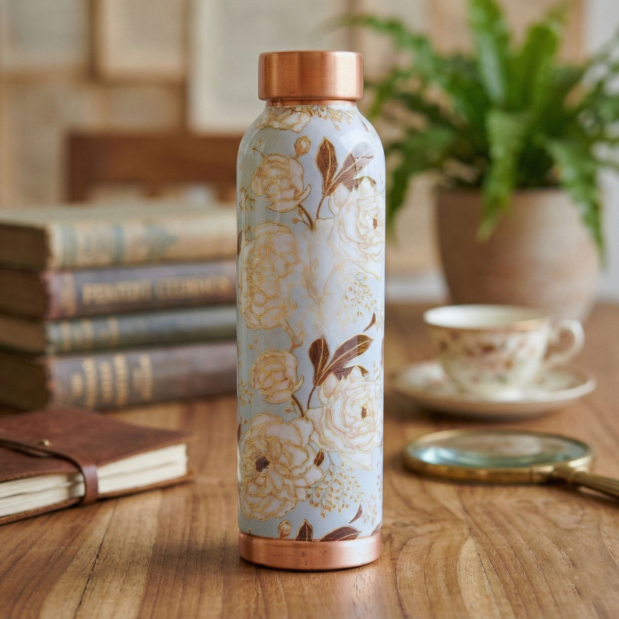 Pure copper water bottle with different gold print designs flower print - 900 ML 146
